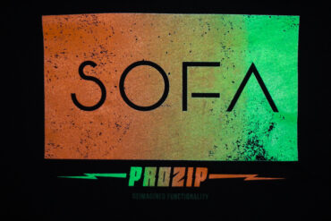 Image of logo on the black SOFA gradient Tee